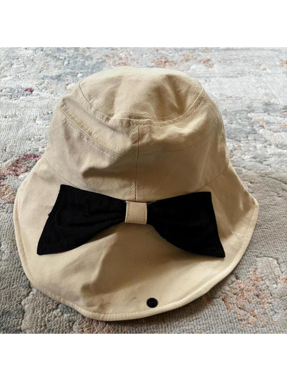 Women's Cream and Tan Bucket Hat with Bow Detail